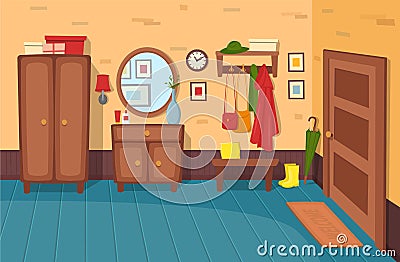 Cartoon hallway background. Panorama with stairs, doors, wardrobe, chest of drawers, mirror, coat rack with clothes, umbrella.Vect Cartoon Illustration